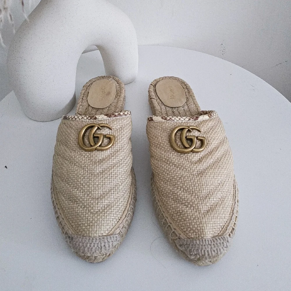 Gucci Straw Elaphe Matelasse GG marmont espadrille slides mules - Picture 9 of 10